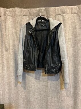 New Look Black Faux Leather Hooded Jacket with Gray Sleeves